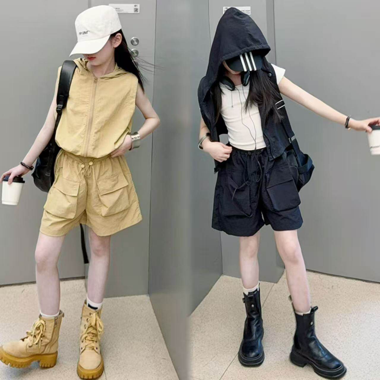 女童连帽马甲短裤速干运动两件套