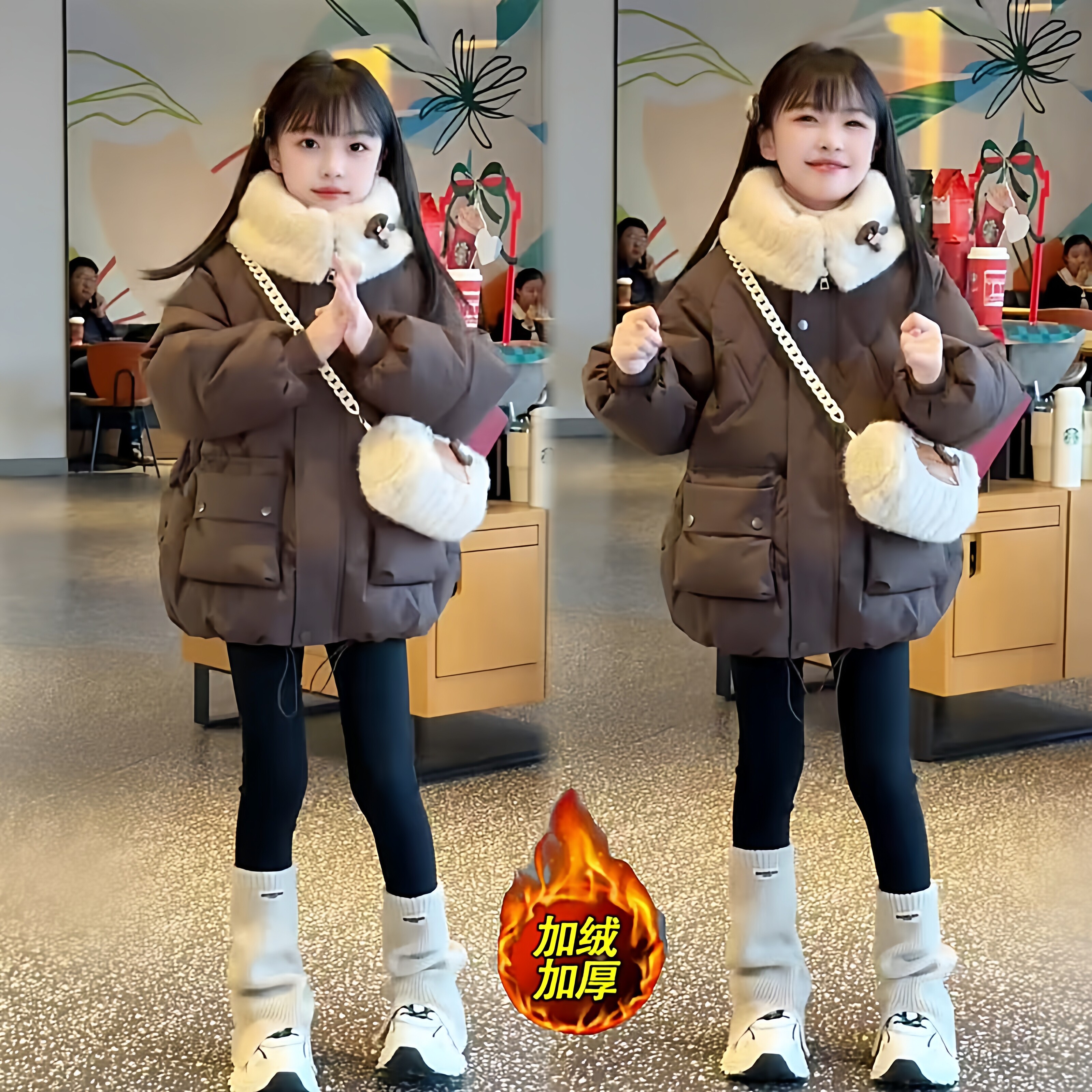 冬季美拉德色时尚女童加厚棉服设计感大翻毛领绗线羽绒棉棉袄外套