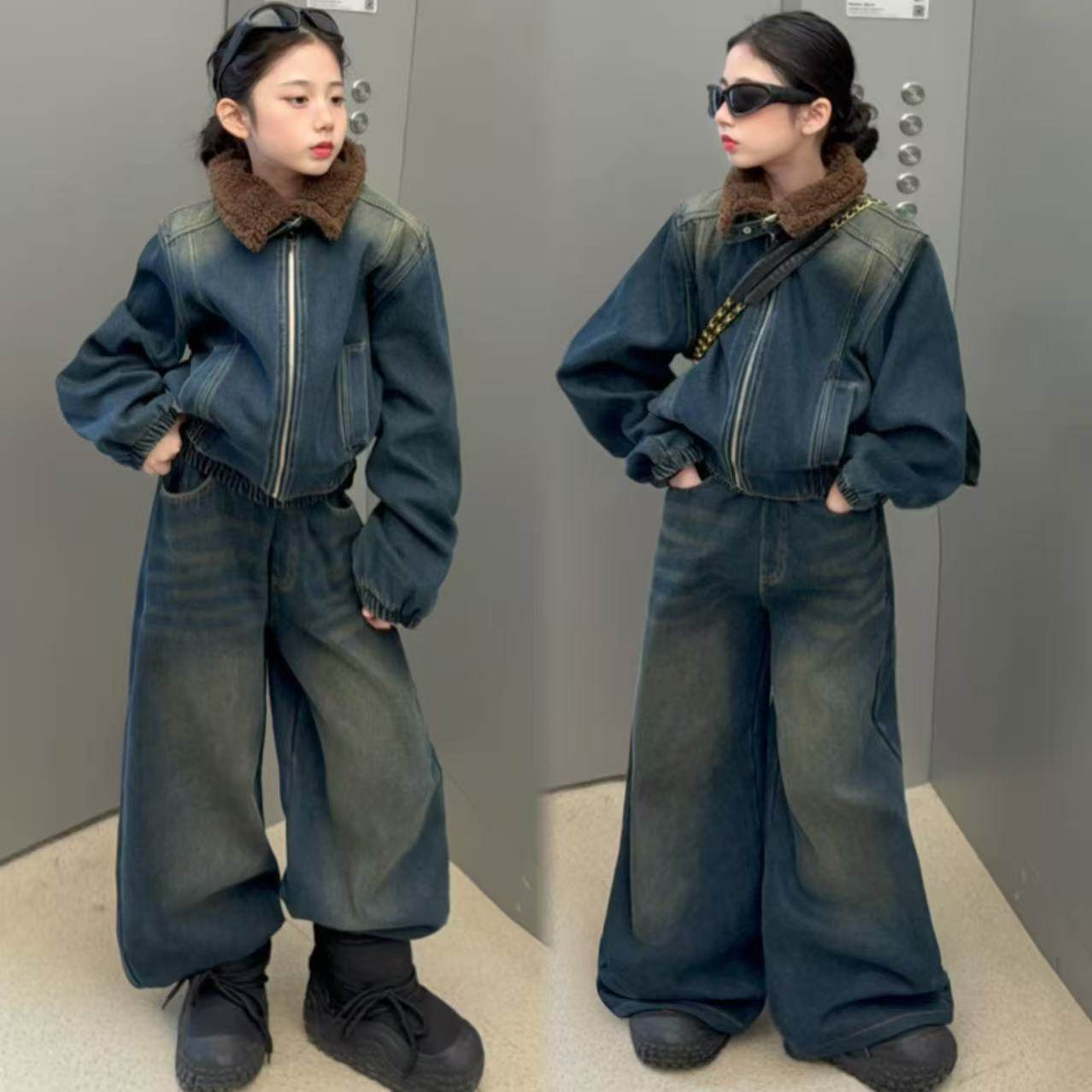 女童复古牛仔外套阔腿裤加绒套装