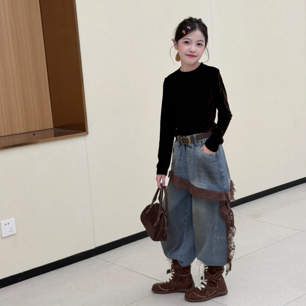 女童丝绒打底衫蕾丝牛仔裤套装