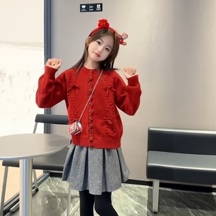 女童甜美小香风新年带亮片红色加厚蝴蝶结毛衣百褶裙拜年服套装韩