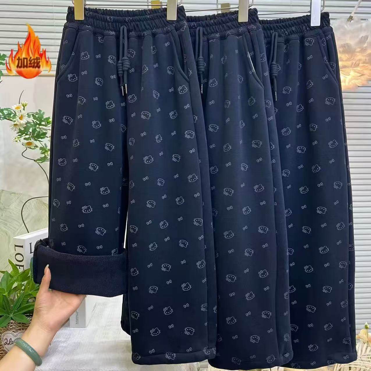 冬季女童加绒加厚直筒卫裤初中生韩系卡通KT猫满印保暖百搭阔腿裤
