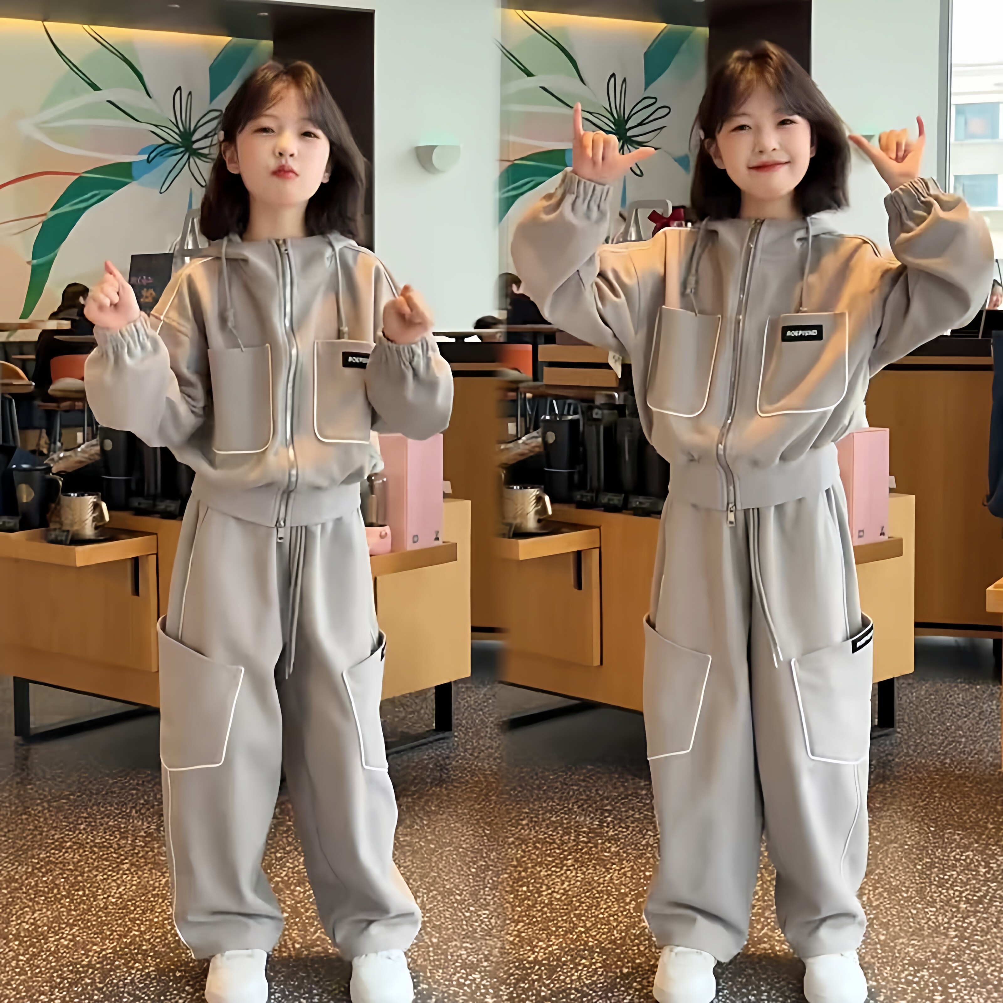 潮酷女童春秋套装中大童美式休闲连帽卫衣开衫大口袋工装裤两件套