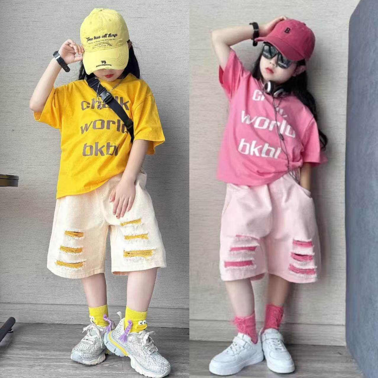 女童美式字母短袖牛仔五分裤套装