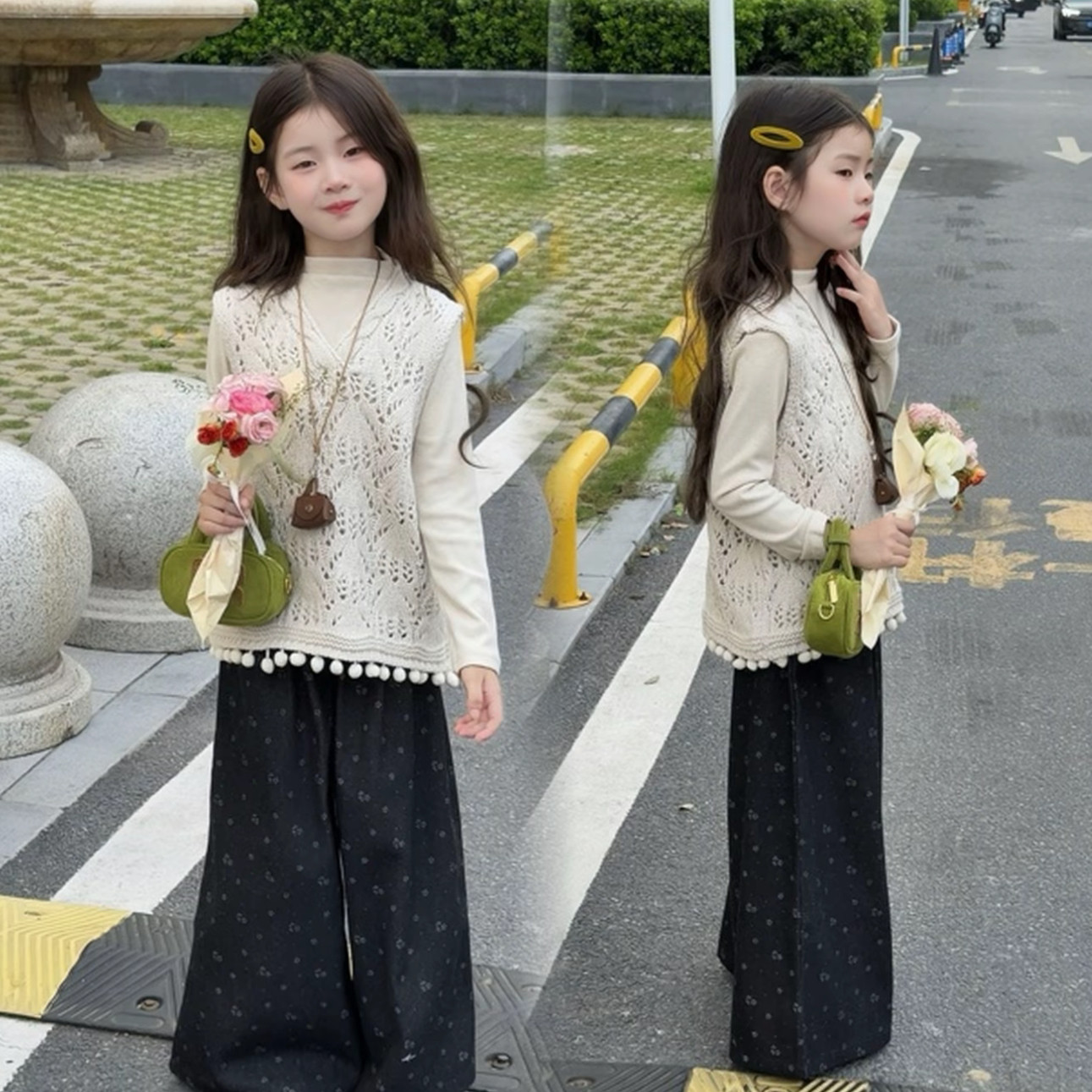女童镂空背心打底衫碎花裤三件套