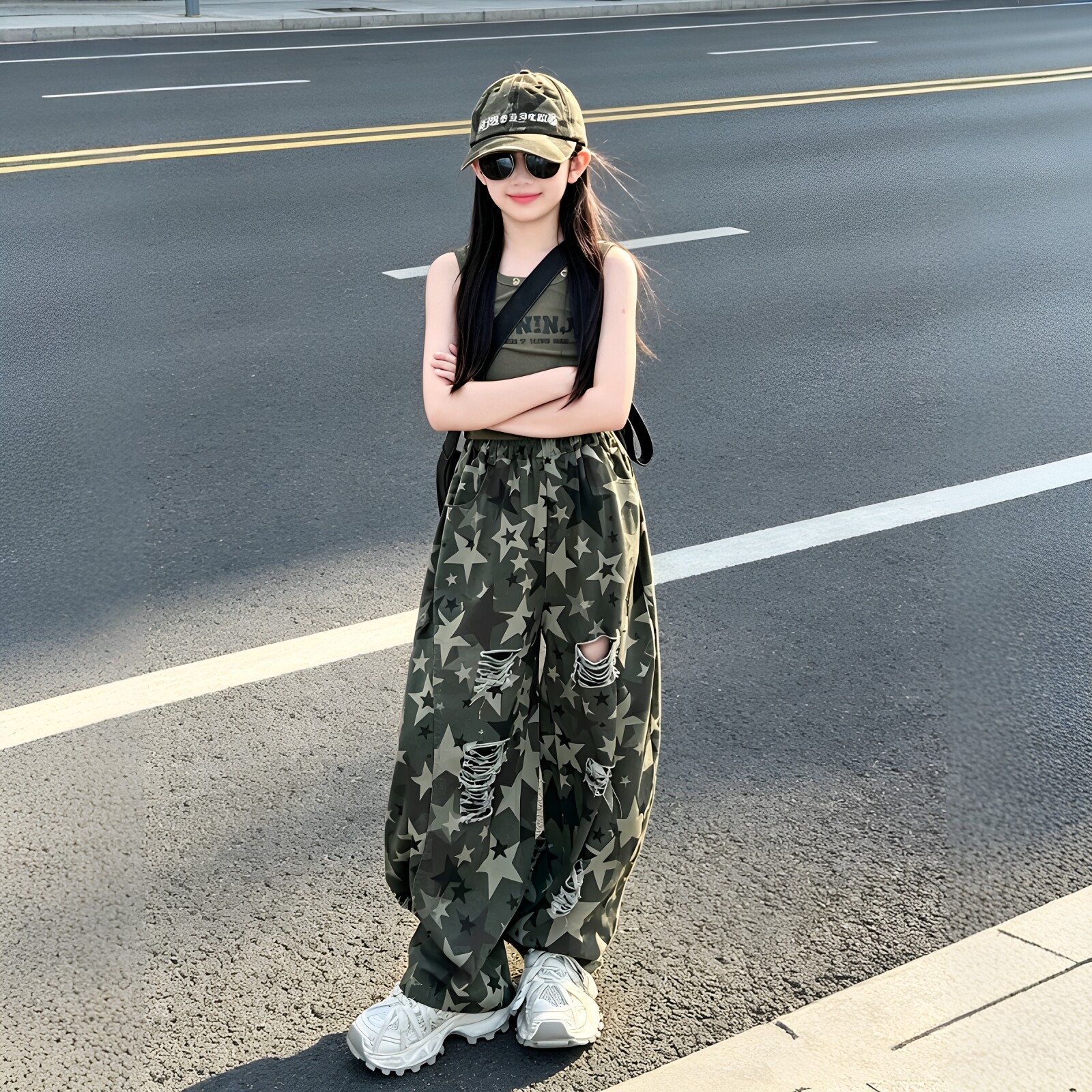 又酷又飒女童夏季爵士舞穿搭时尚字母美式背心破洞迷彩弯刀裤套装