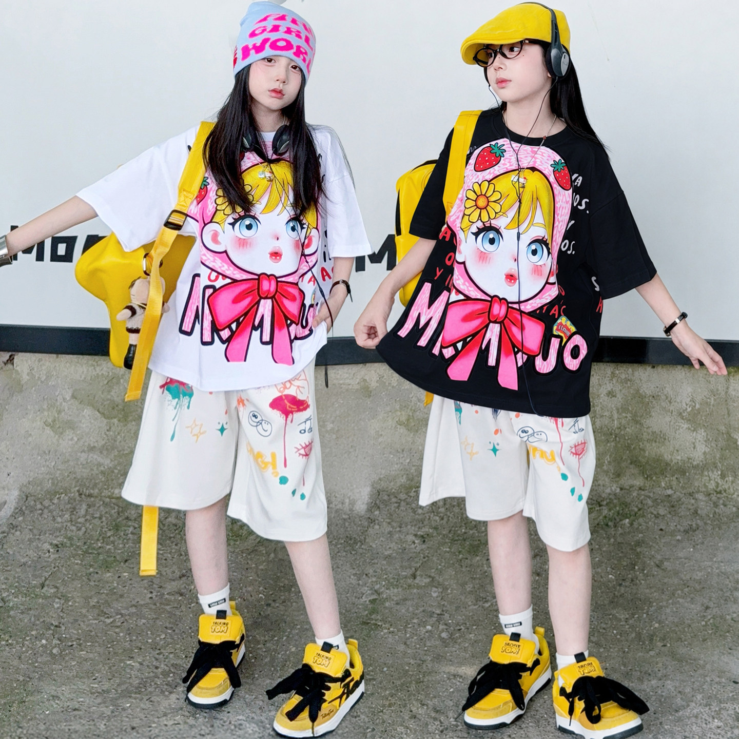 潮牌重工小女孩印花圆领宽松短袖女童美式涂鸦五分裤多巴胺套装韩 - 实物图