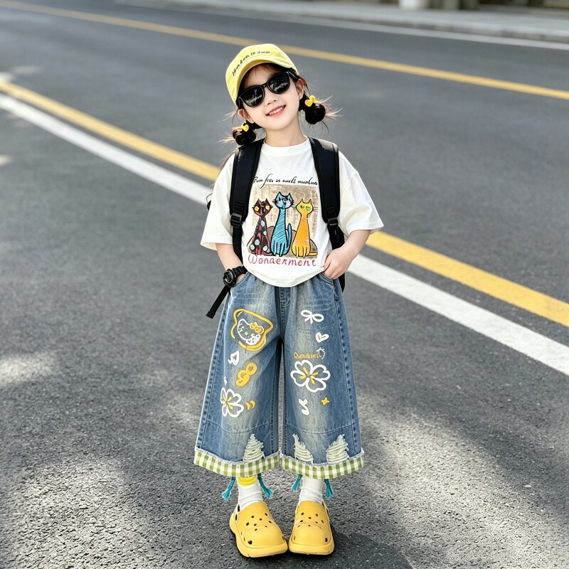 女童涂鸦牛仔七分裤卡通短袖套装
