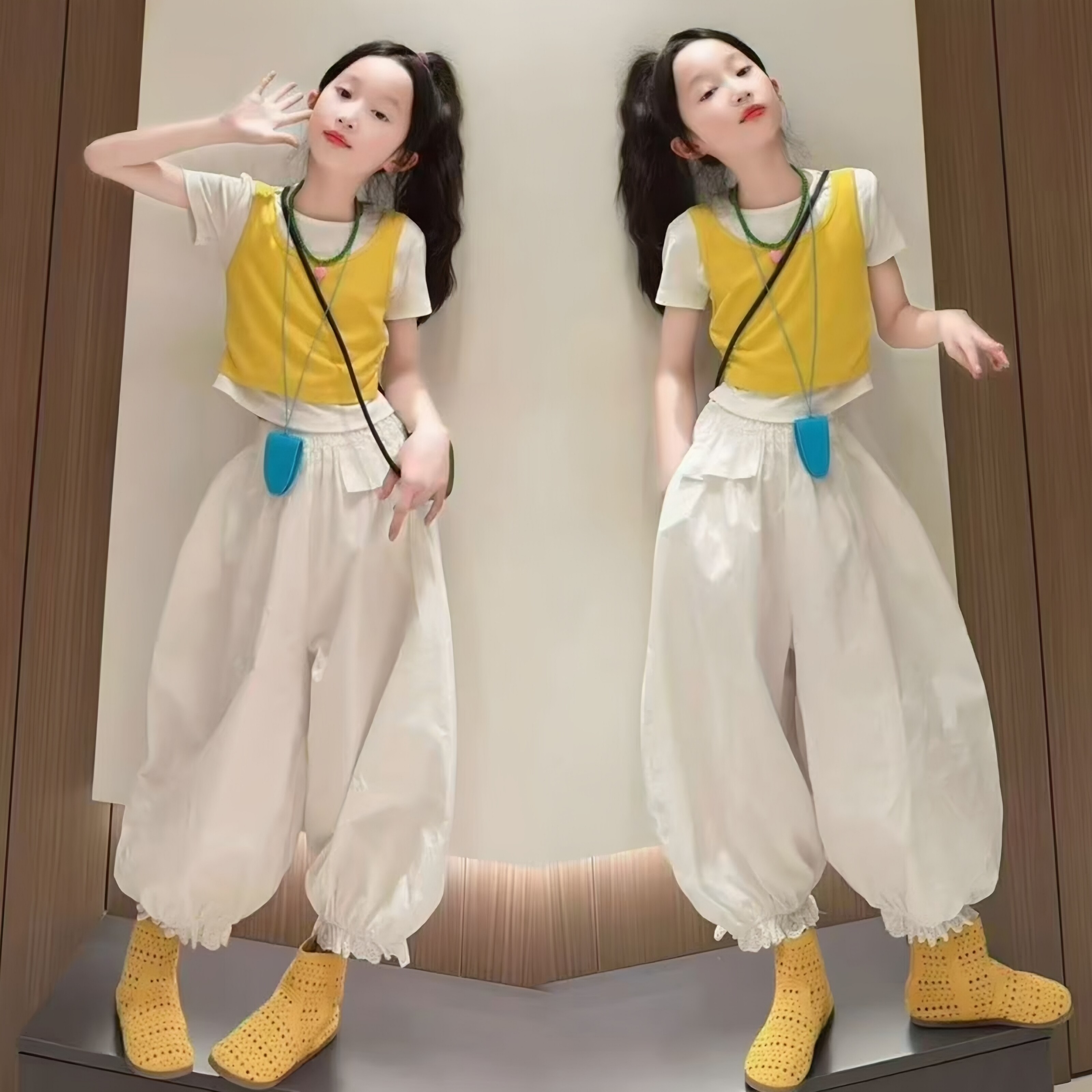 女童假两件短袖简约灯笼裤套装