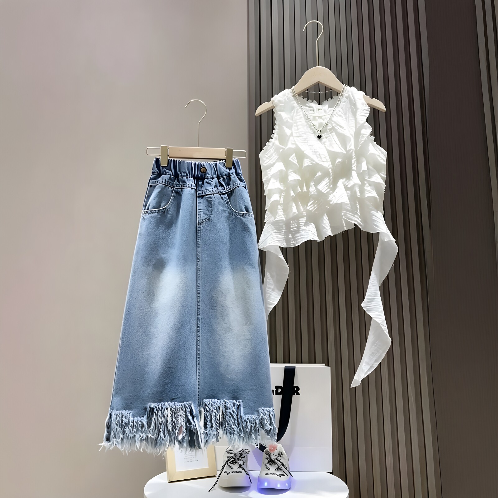 女童不规则流苏背心牛仔裙套装