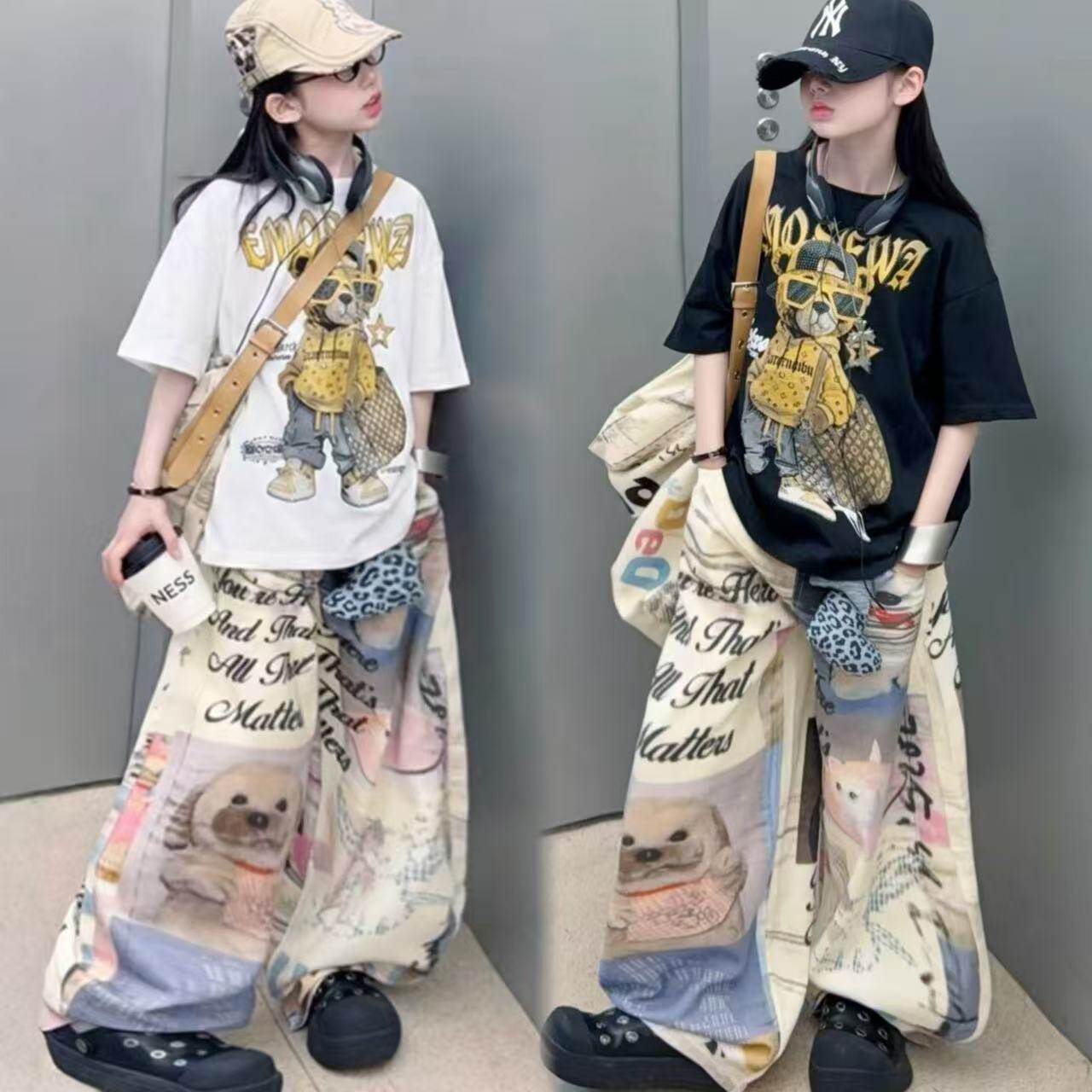 男女童夏潮牌卡通小熊短袖个性美式街头印花阔腿裤炸街中大童套装