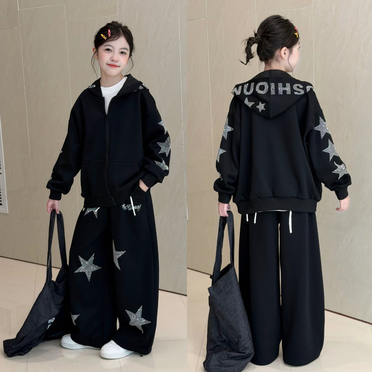 女童五角星连帽卫衣阔腿裤套装