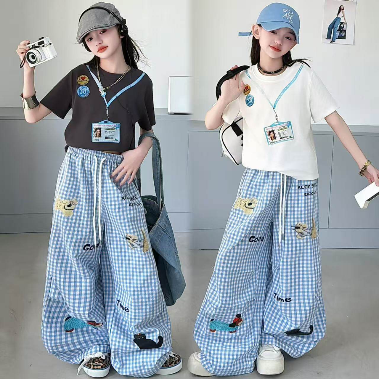 韩系女童独特时尚印花短袖美式潮牌卡通格子弯刀休闲工装裤套装夏