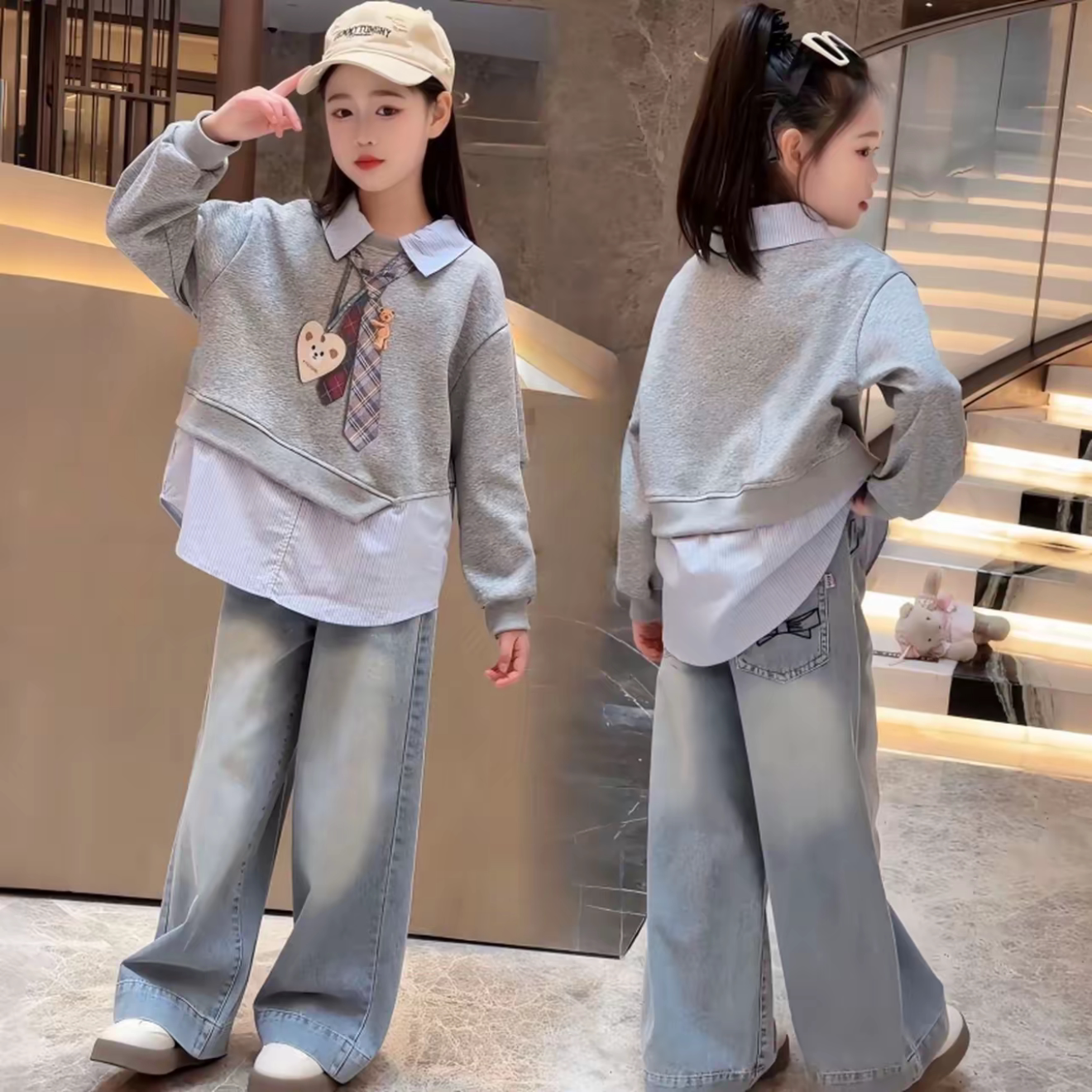 春季女童设计感衬衫领不规则假两件卡通印花卫衣初中生休闲上衣韩