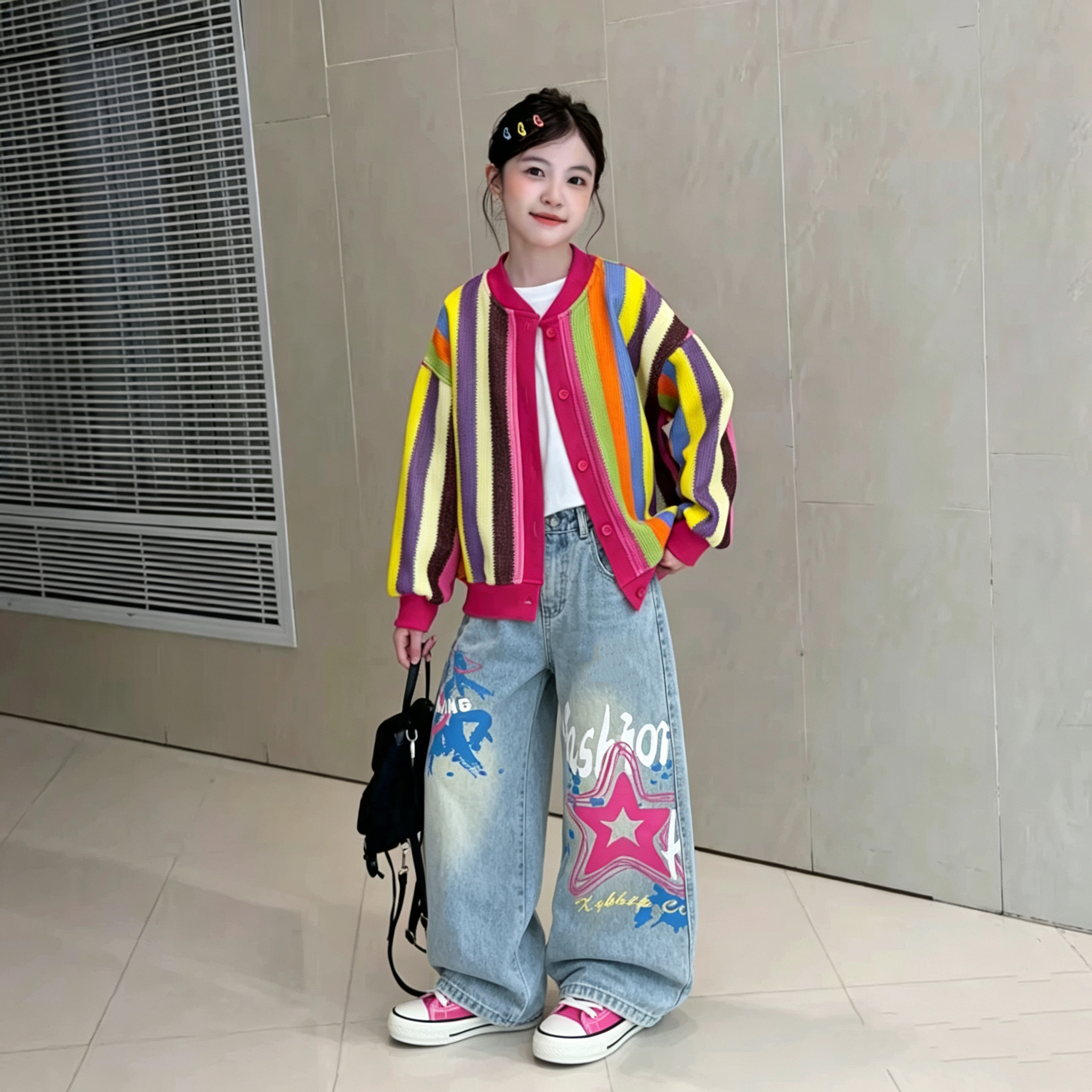 女童彩虹条纹外套牛仔裤套装潮