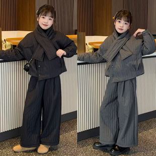 韩系小众高级感女童加厚纹理短款棉服外套阔腿裤带围脖冬季三件套