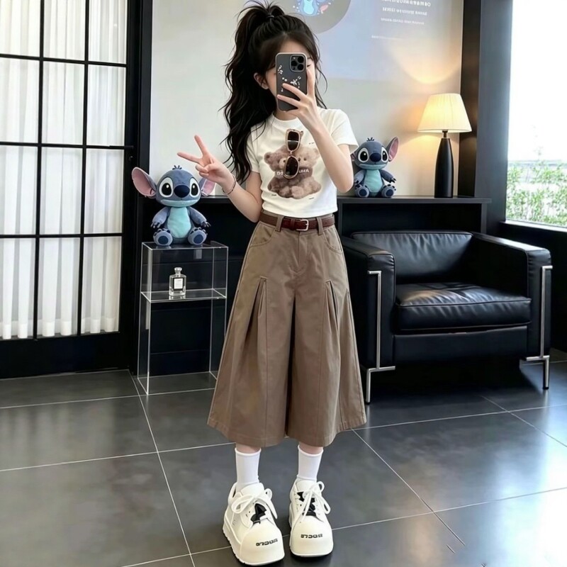 女童卡通小熊短袖七分裙裤套装