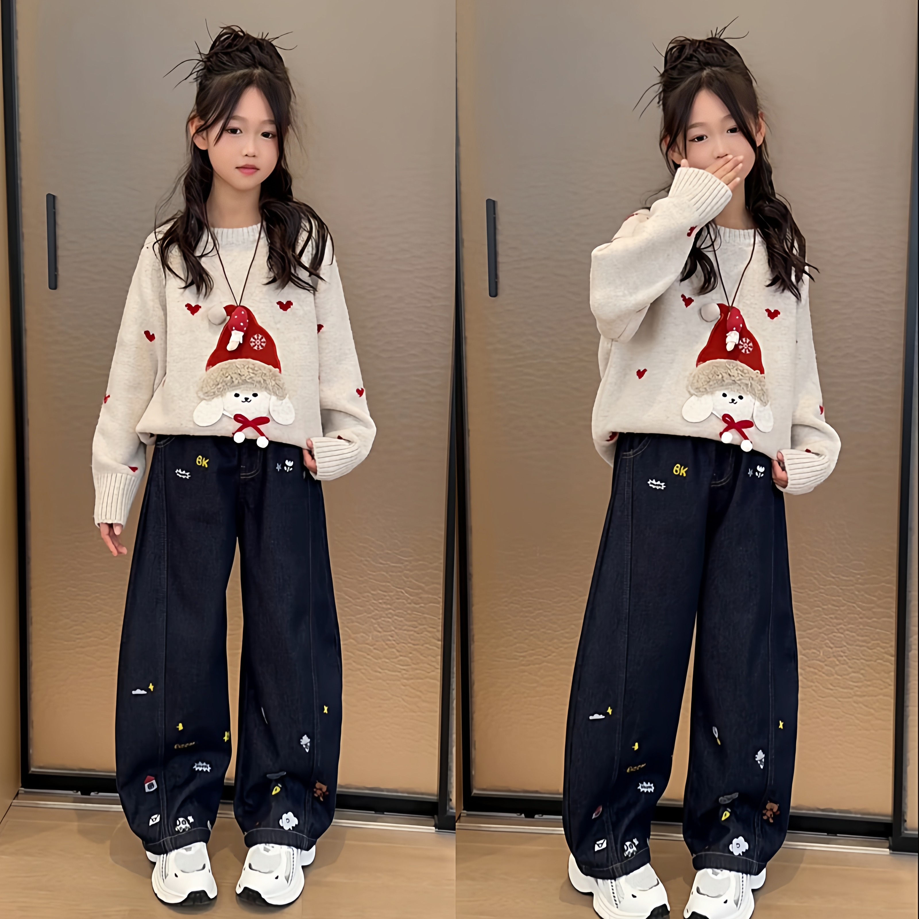女童卡通小狗萌趣时尚加厚圆领毛衣设计感刺绣牛仔弯刀裤洋气套装