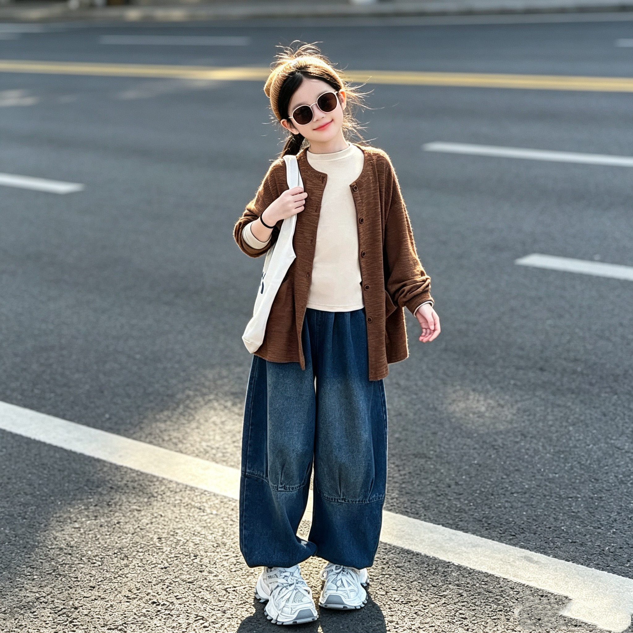 女童韩系复古开衫牛仔裤三件套