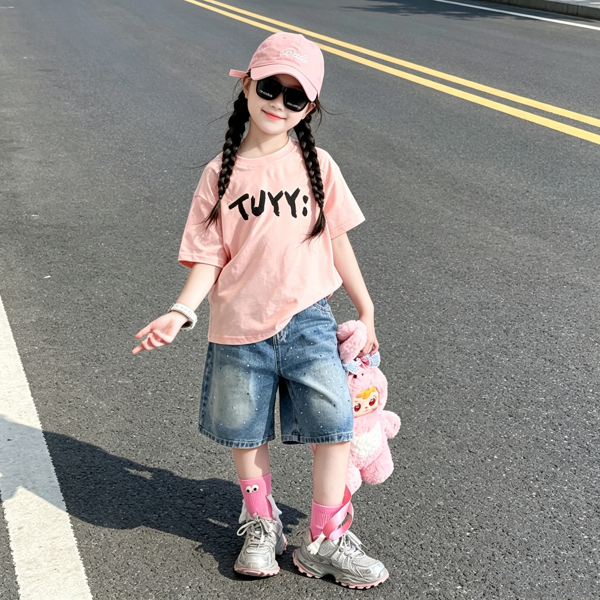 女童卡通短袖烫钻牛仔短裤套装