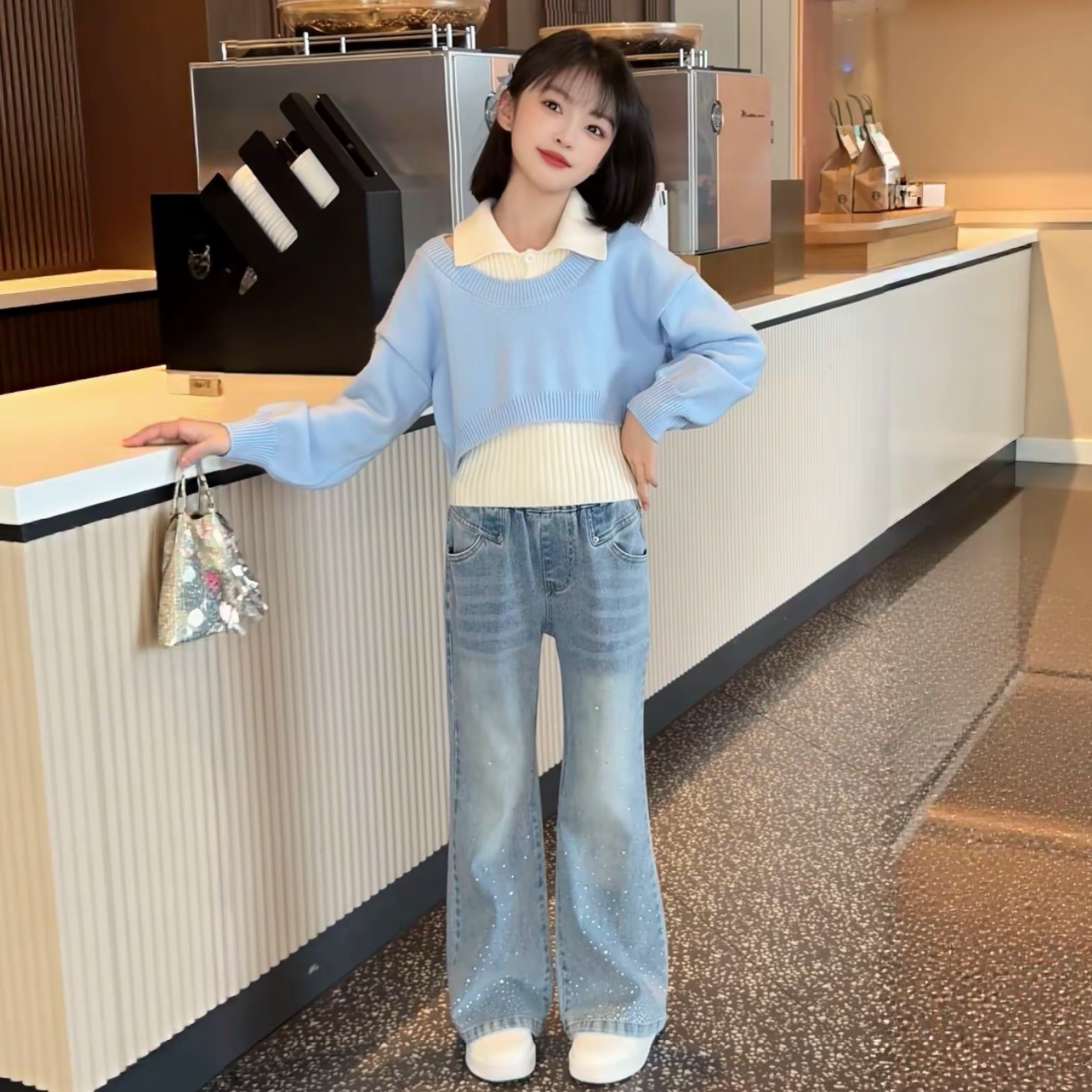 女童春季新款韩系时尚叠穿POLO领针织毛衣烫钻牛仔喇叭裤洋气套装