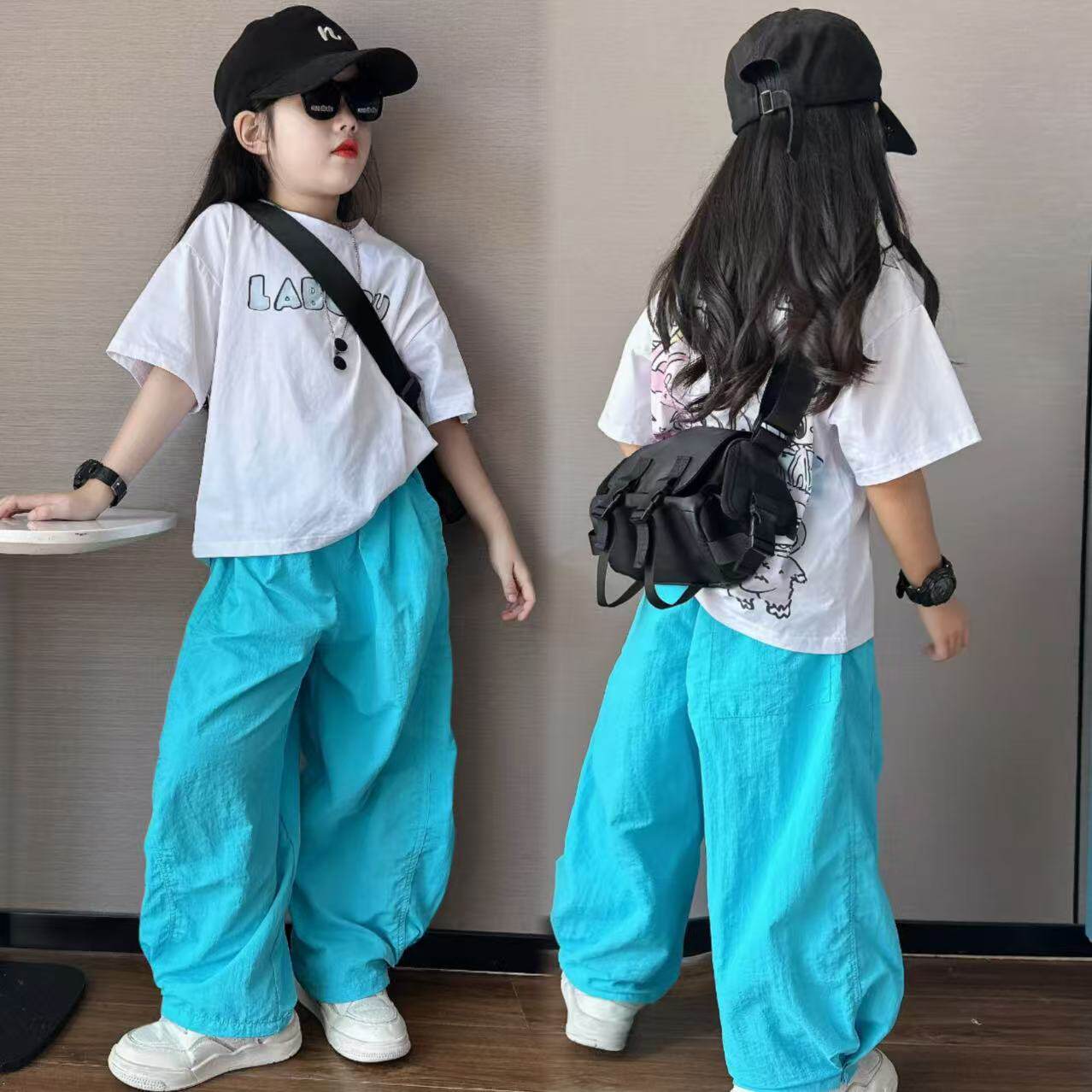 女童印花宽松短袖速干阔腿裤套装