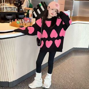 女童潮牌设计感爱心提花加厚圆领毛衣中大童慵懒风百搭套头针织衫