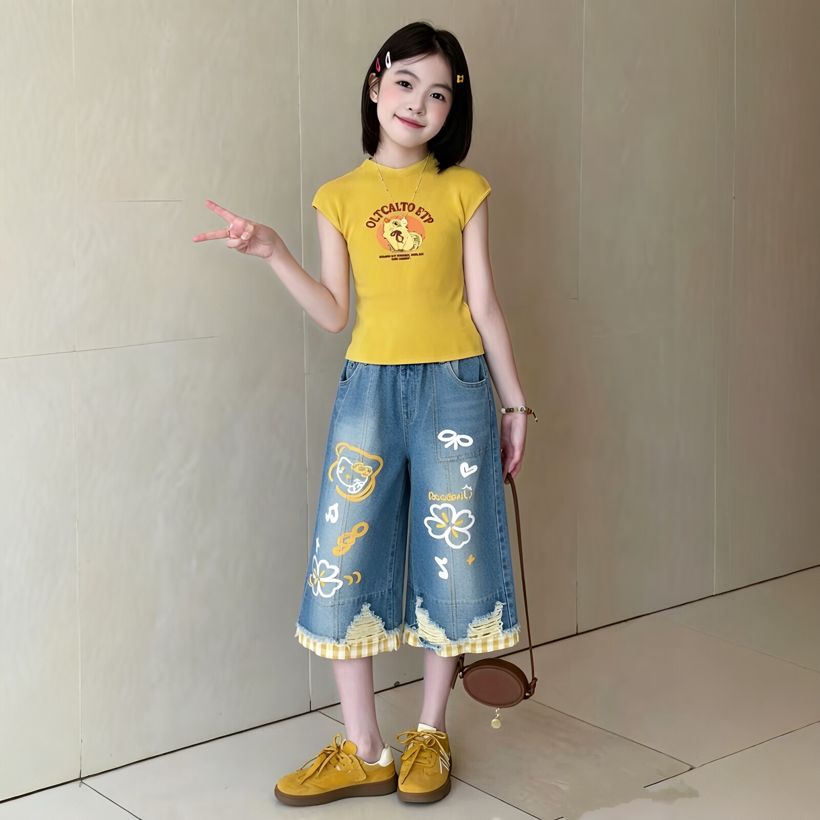女童卡通印花短袖破洞短裤套装