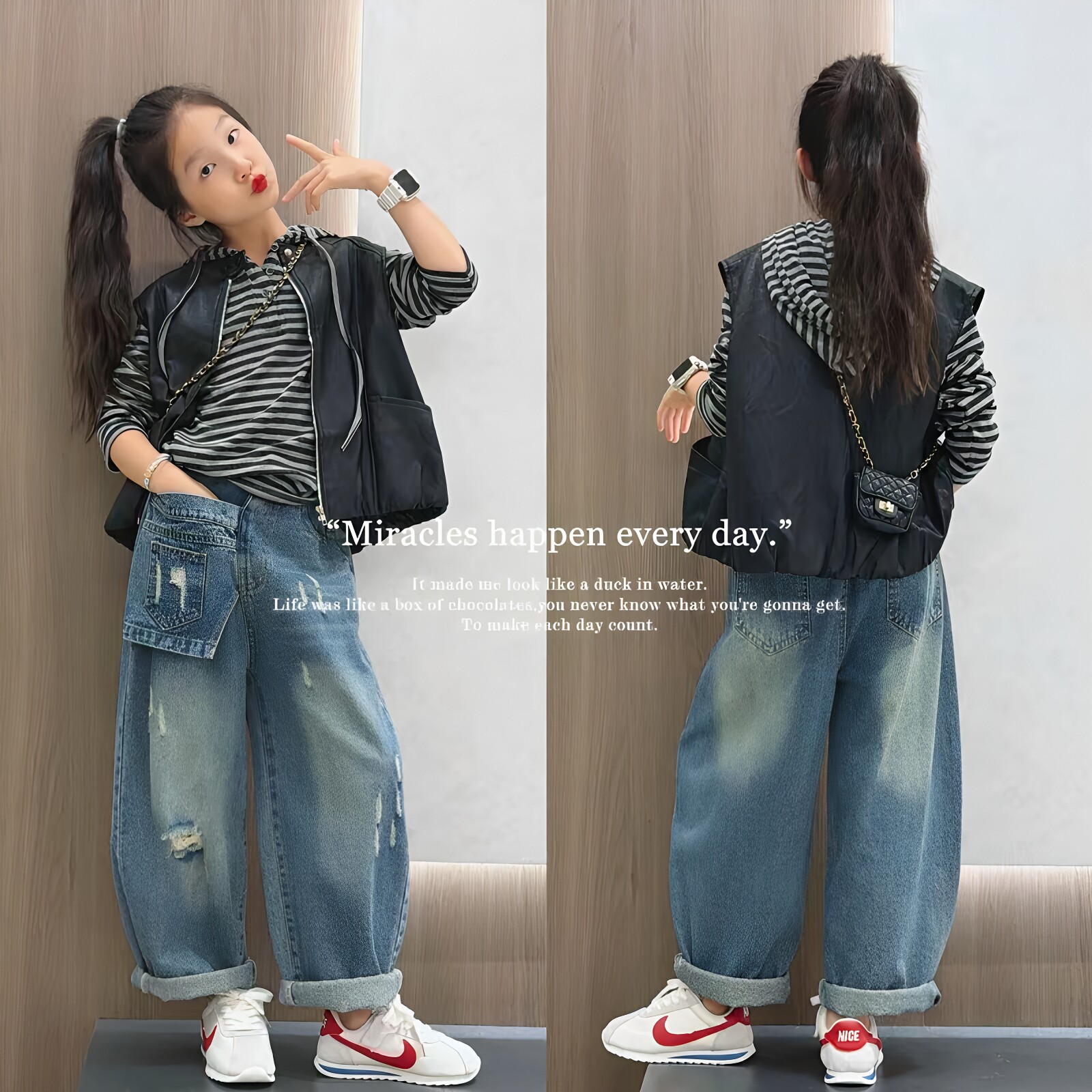 女童皮衣马甲帽衫牛仔裤三件套潮