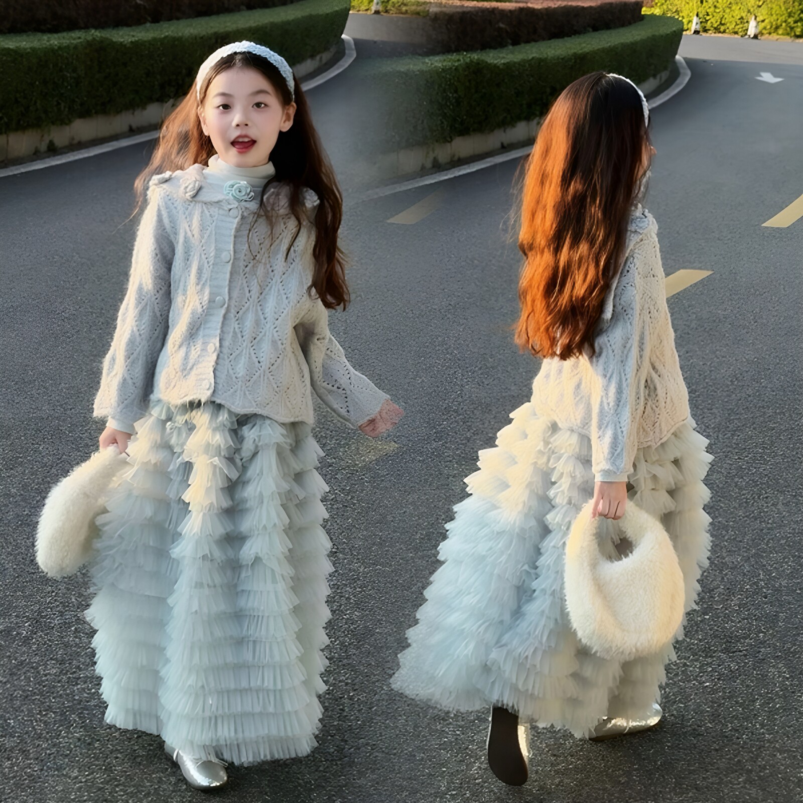 女童钩花毛衣蛋糕半身裙三件套