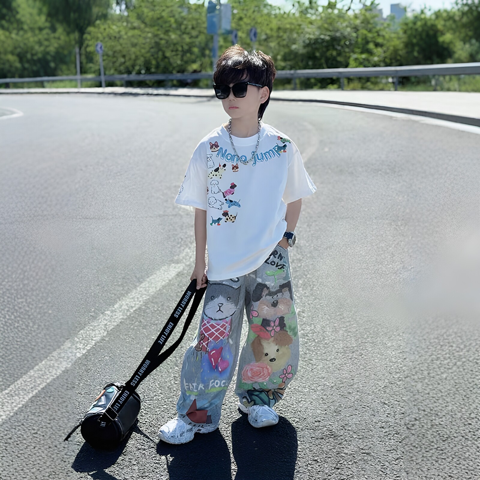 男童夏季个性卡通印花短袖T恤中大童美式手绘动物牛仔裤韩版套装