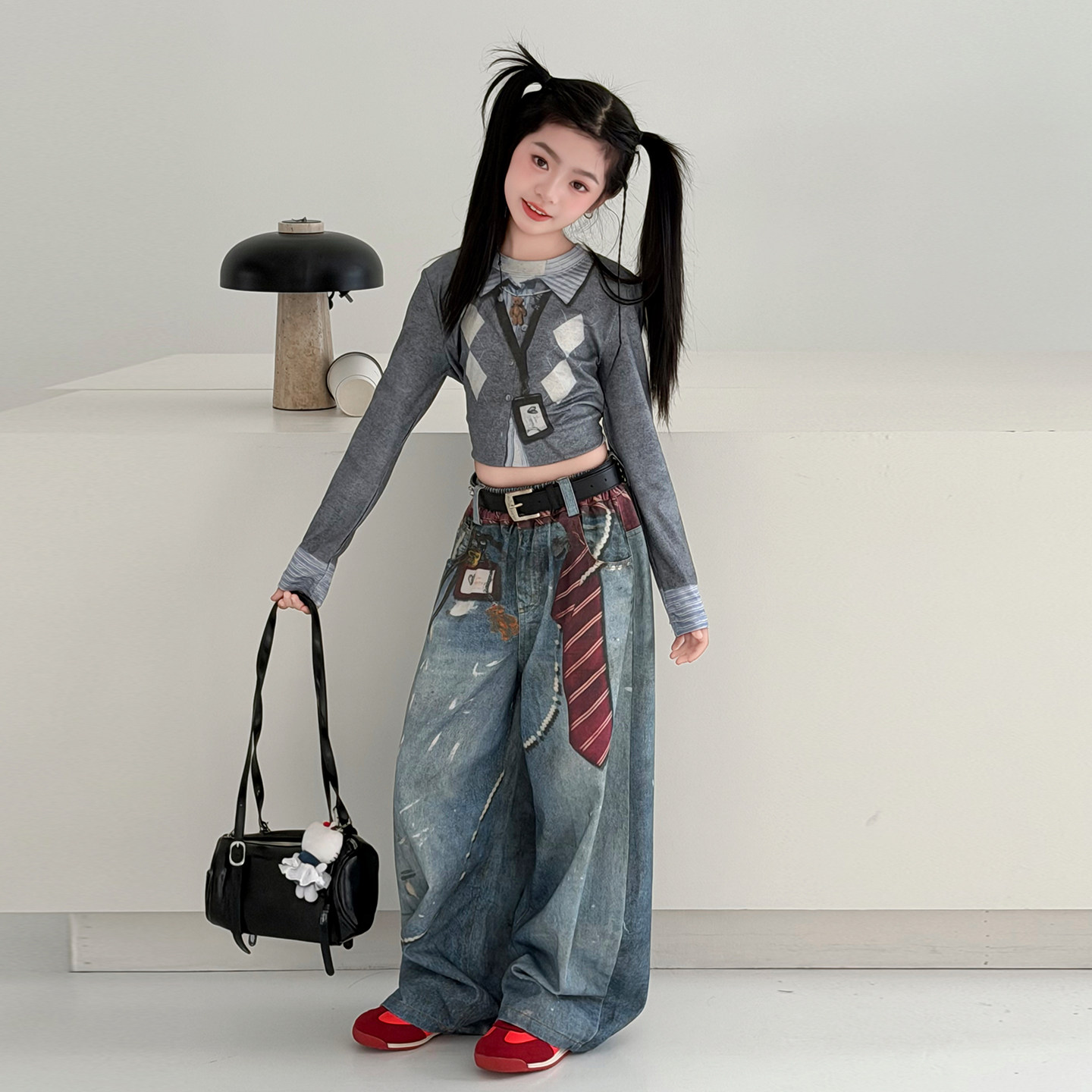 女童设计感甜酷辣妹修身假两件3D印花长袖上衣个性牛仔阔腿裤套装