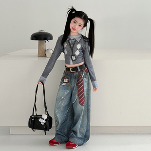女童设计感甜酷辣妹修身假两件3D印花长袖上衣个性牛仔阔腿裤套装