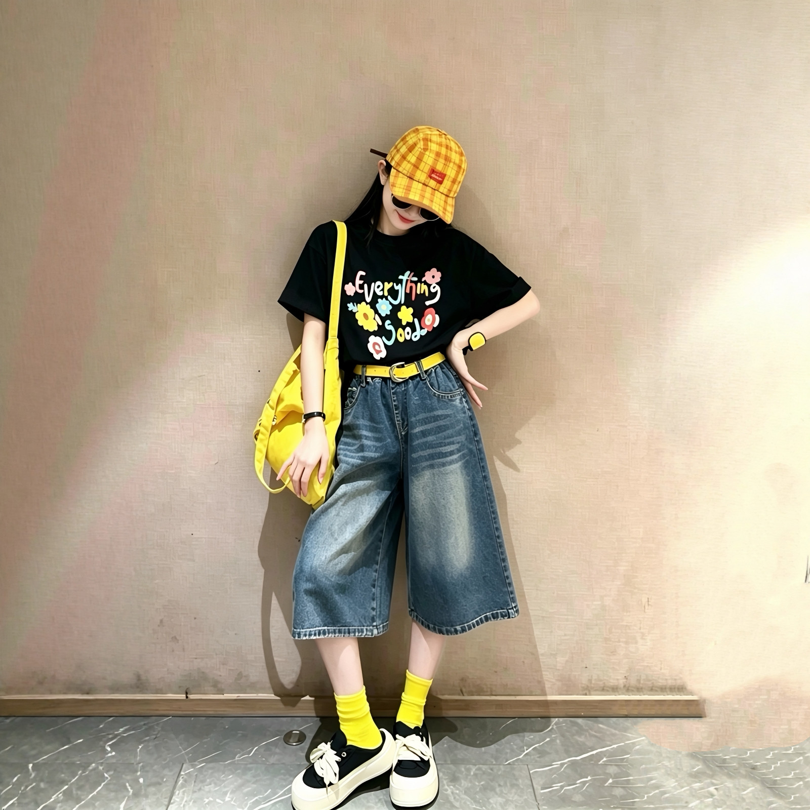 女童印花短袖百搭七分阔腿裤套装