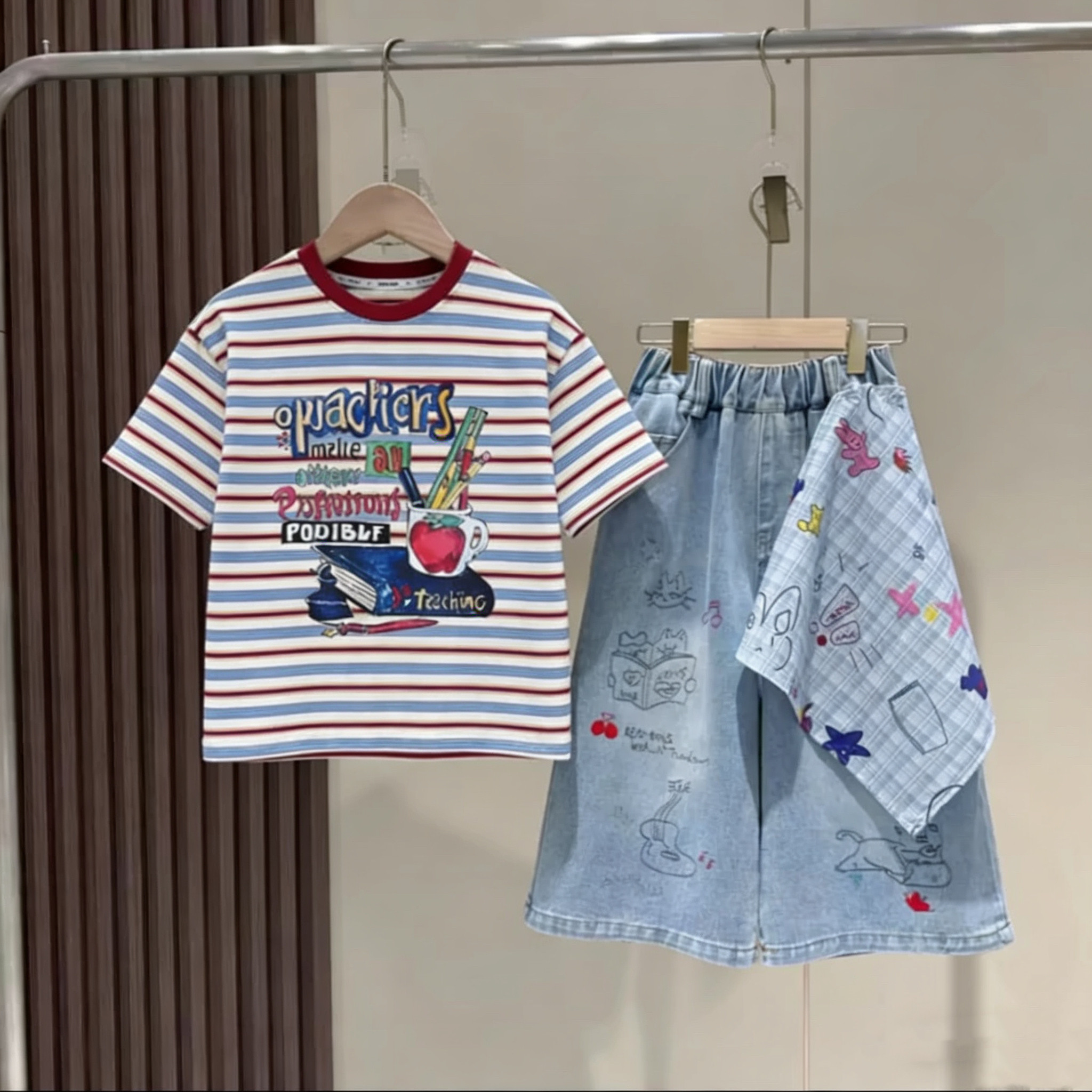 女童时尚条纹短袖牛仔七分裤套装
