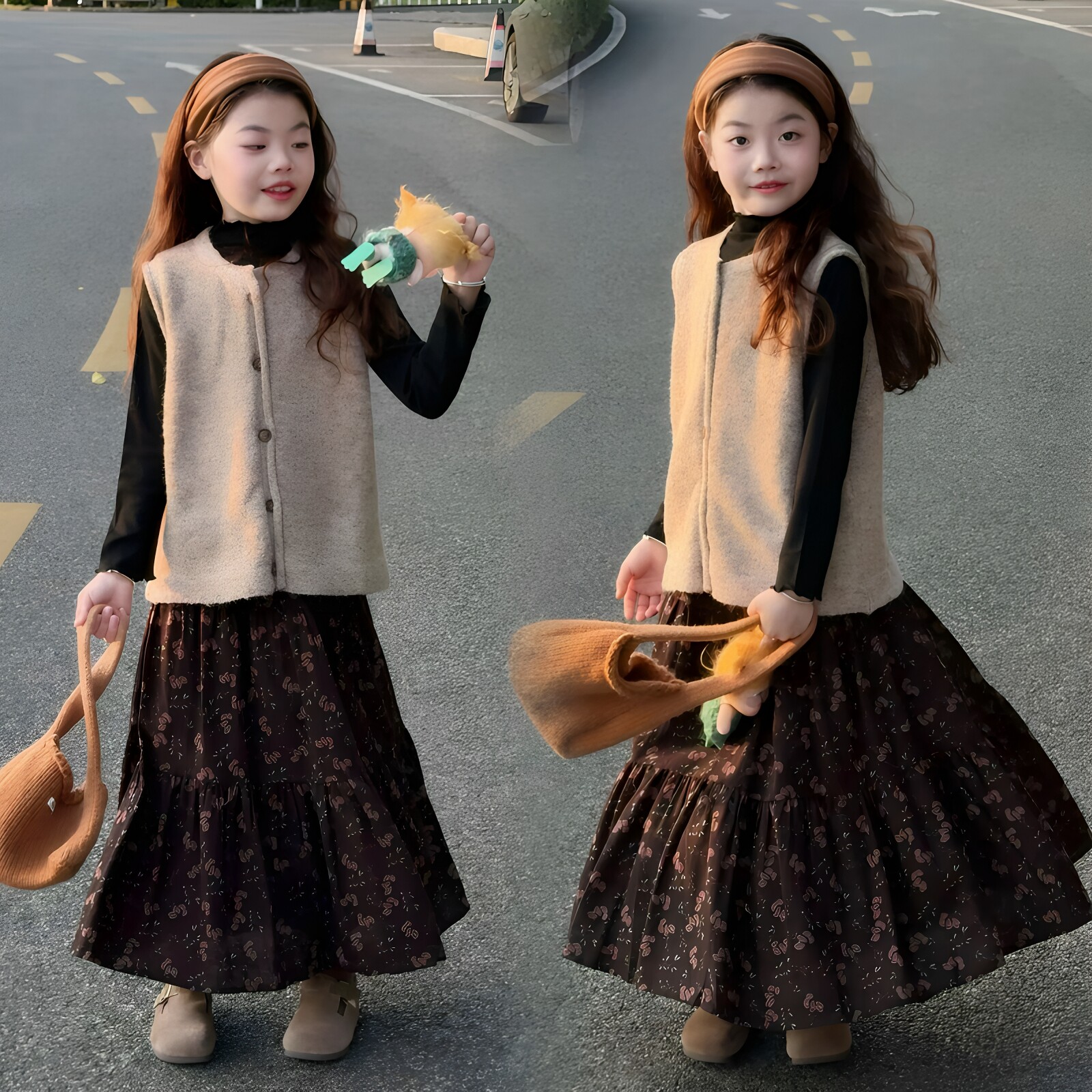 女童毛衣马甲打底衫半身裙三件套