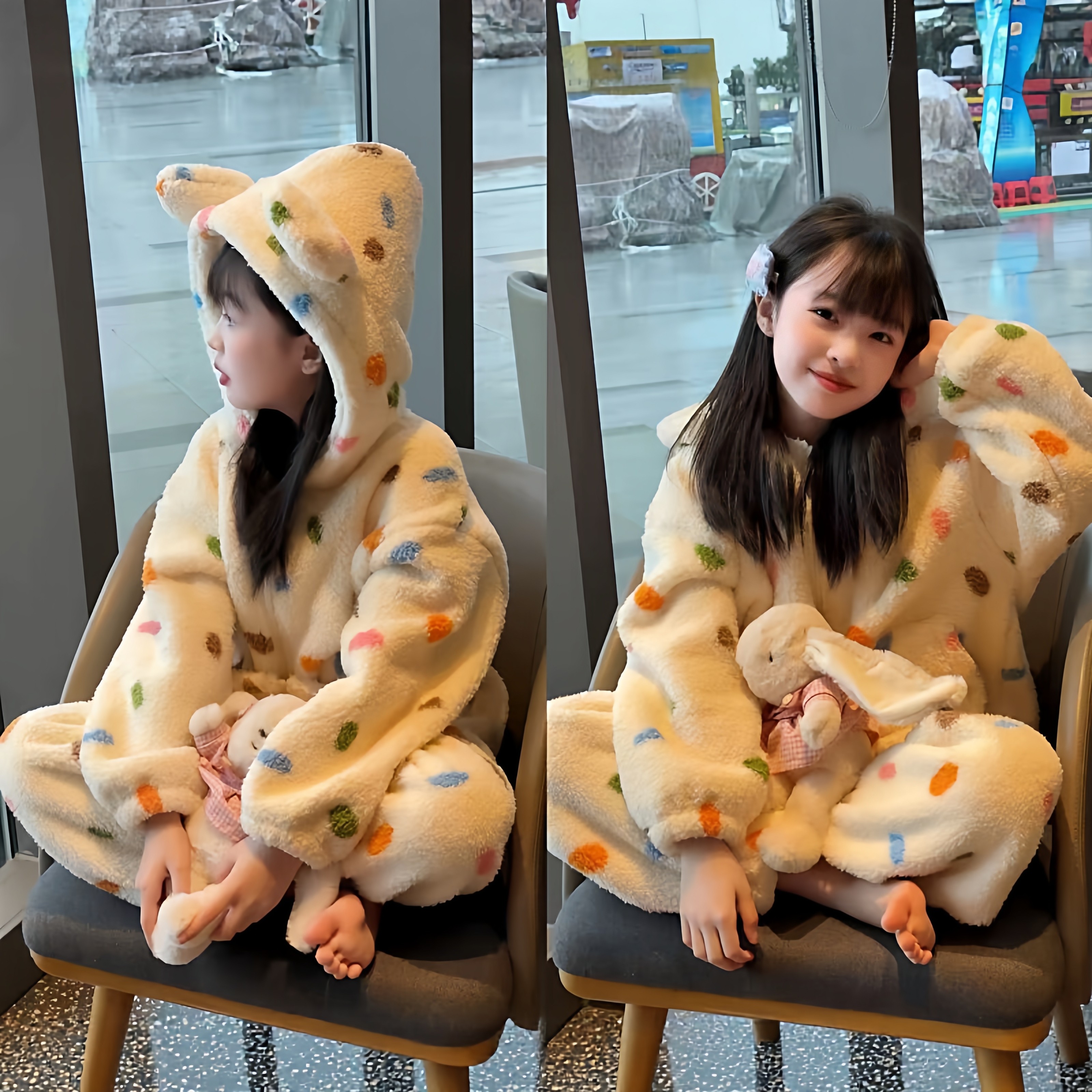 女童彩色波点连帽珊瑚绒家居服