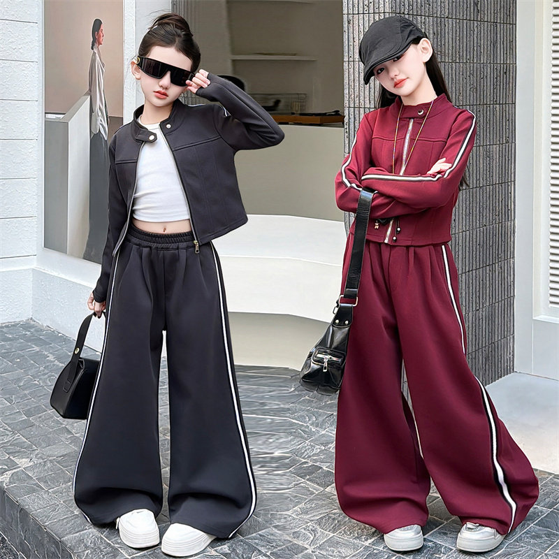 女童春季高级感一整套运动穿搭修身立领拉链衫阔腿裤潮范套装韩版