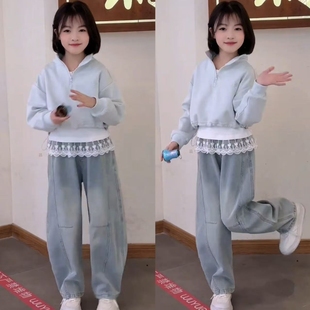 女童半拉链立领卫衣蕾丝花边打底衫个性弯刀牛仔裤春季甜美三件套