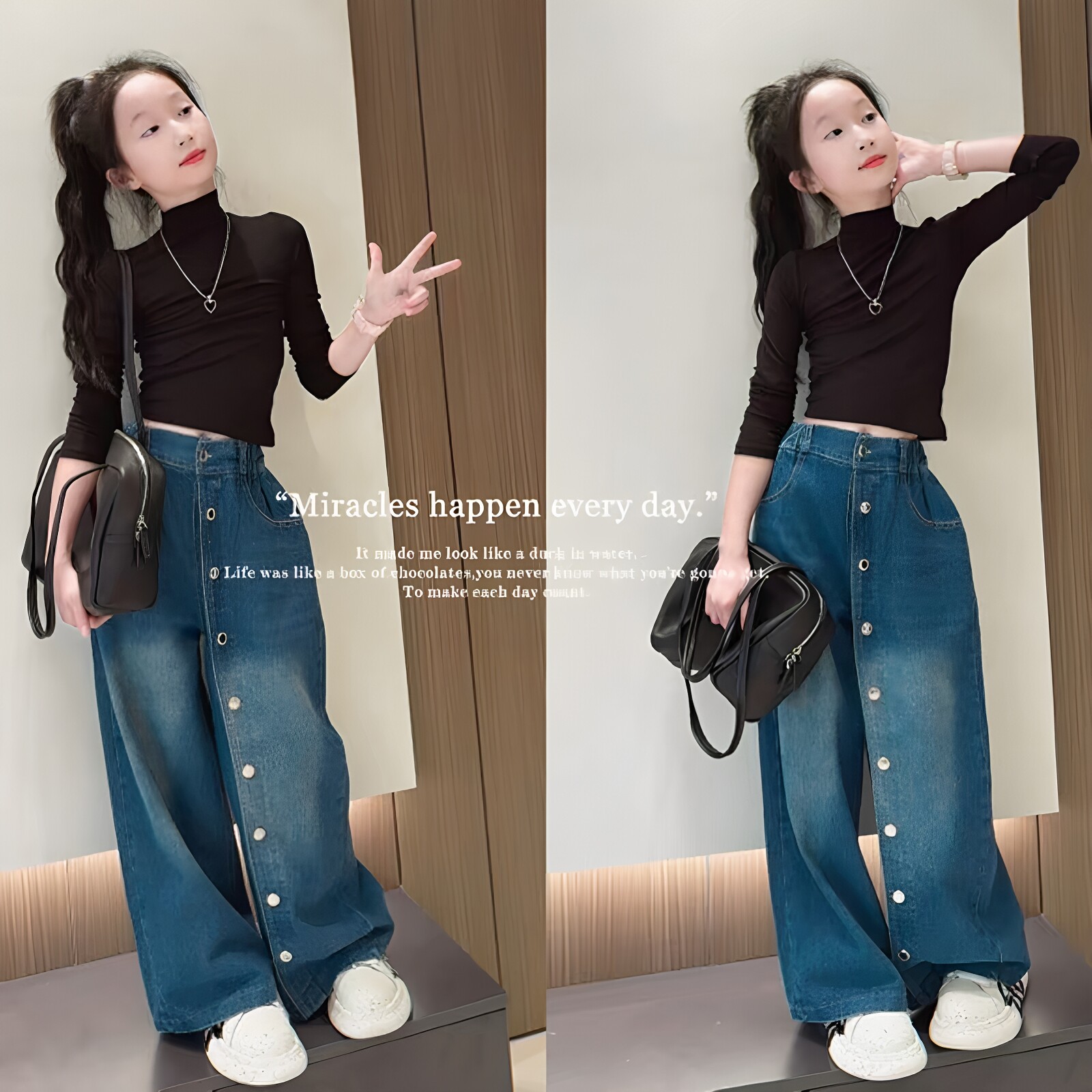 女童排扣牛仔阔腿裤黑色长袖套装