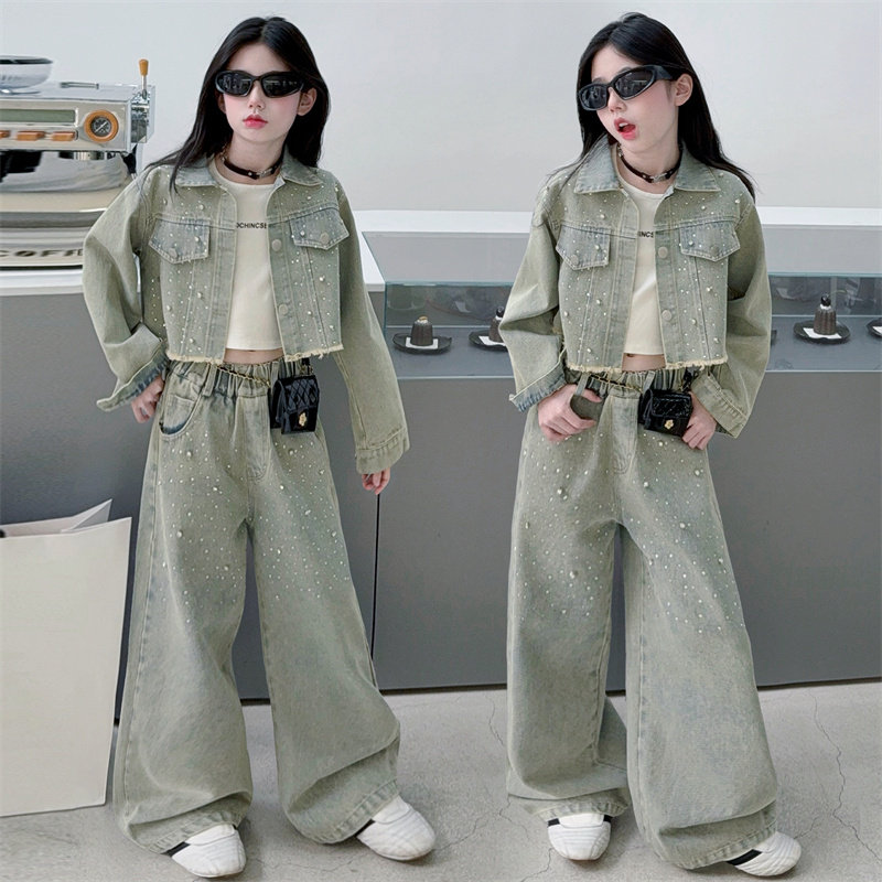 女童牛仔外套阔腿裤洋气套装