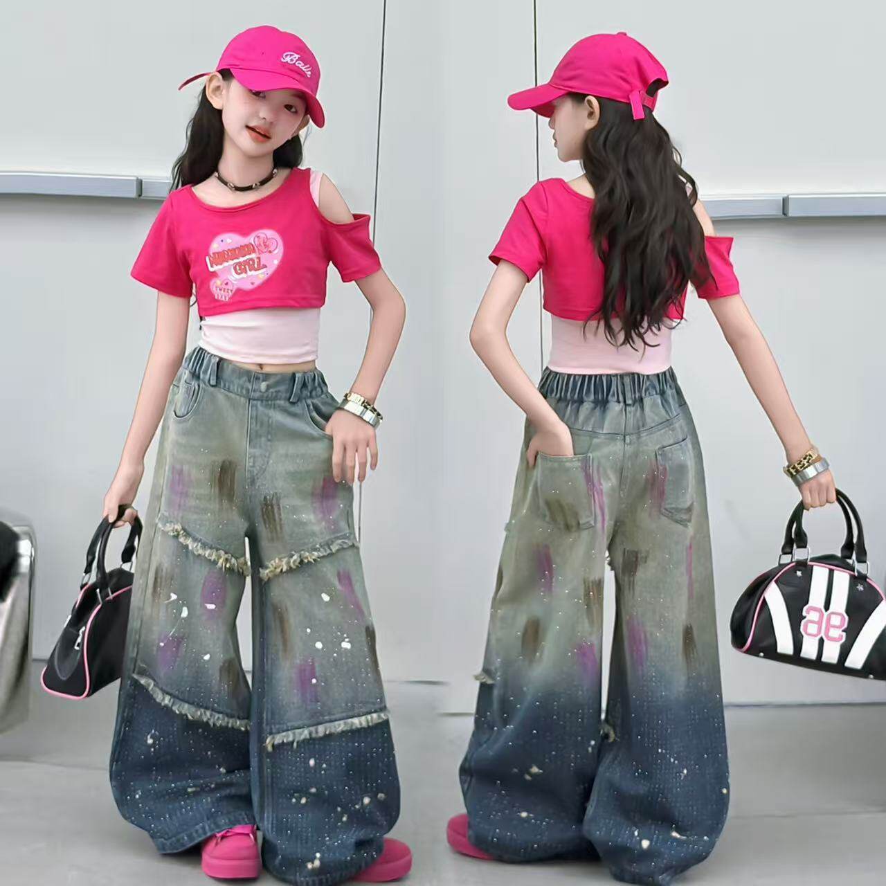 女童露肩短袖背心牛仔裤三件套
