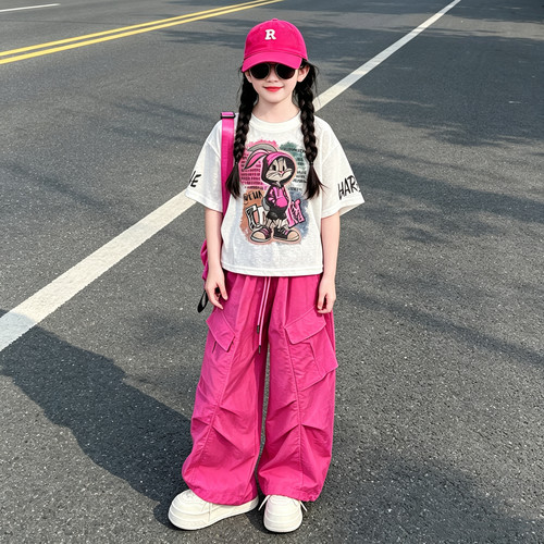 女童卡通兔子短袖工装裤套装