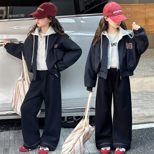 女童美式休闲假两件夹棉连帽拼色棒球服中学生时尚百搭字母外套潮