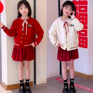 女童小香风蝴蝶结毛衣百褶裙套装洋气中大童红色裙子拜年服穿搭潮