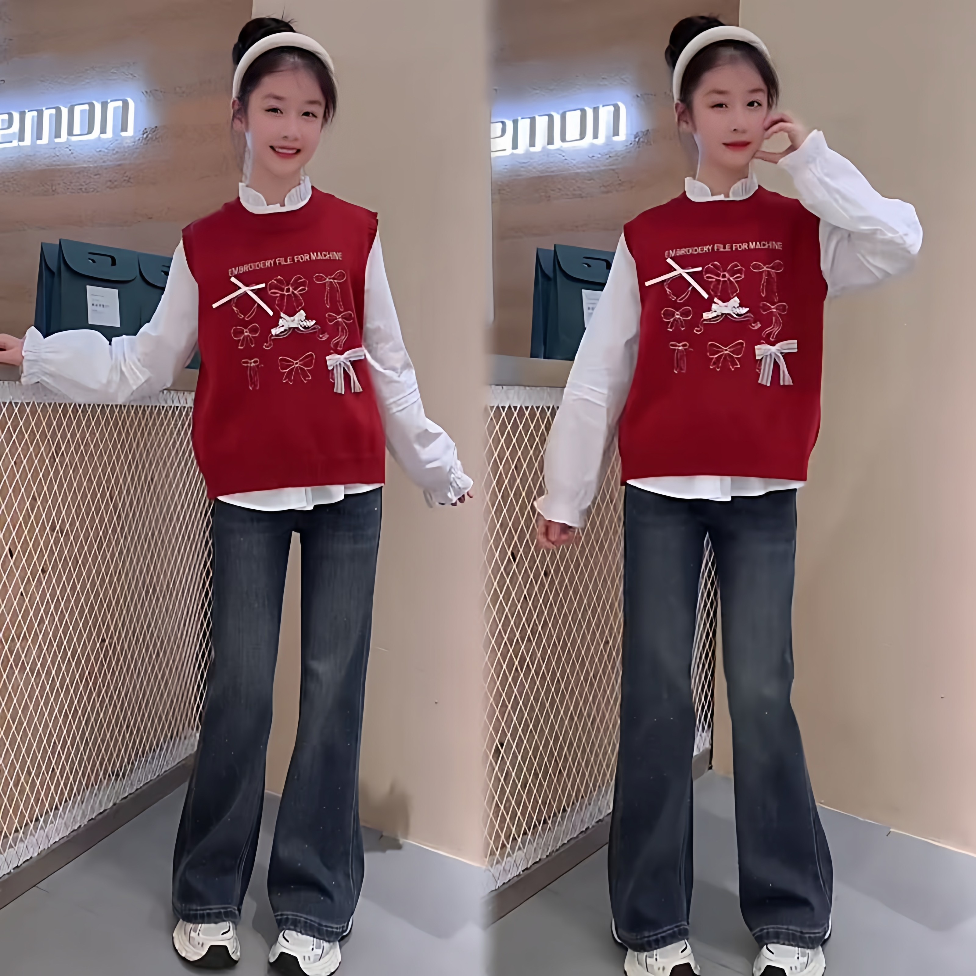 女童学院风蝴蝶结针织背心叠穿衬衫超好看烫钻爆闪牛仔喇叭裤套装