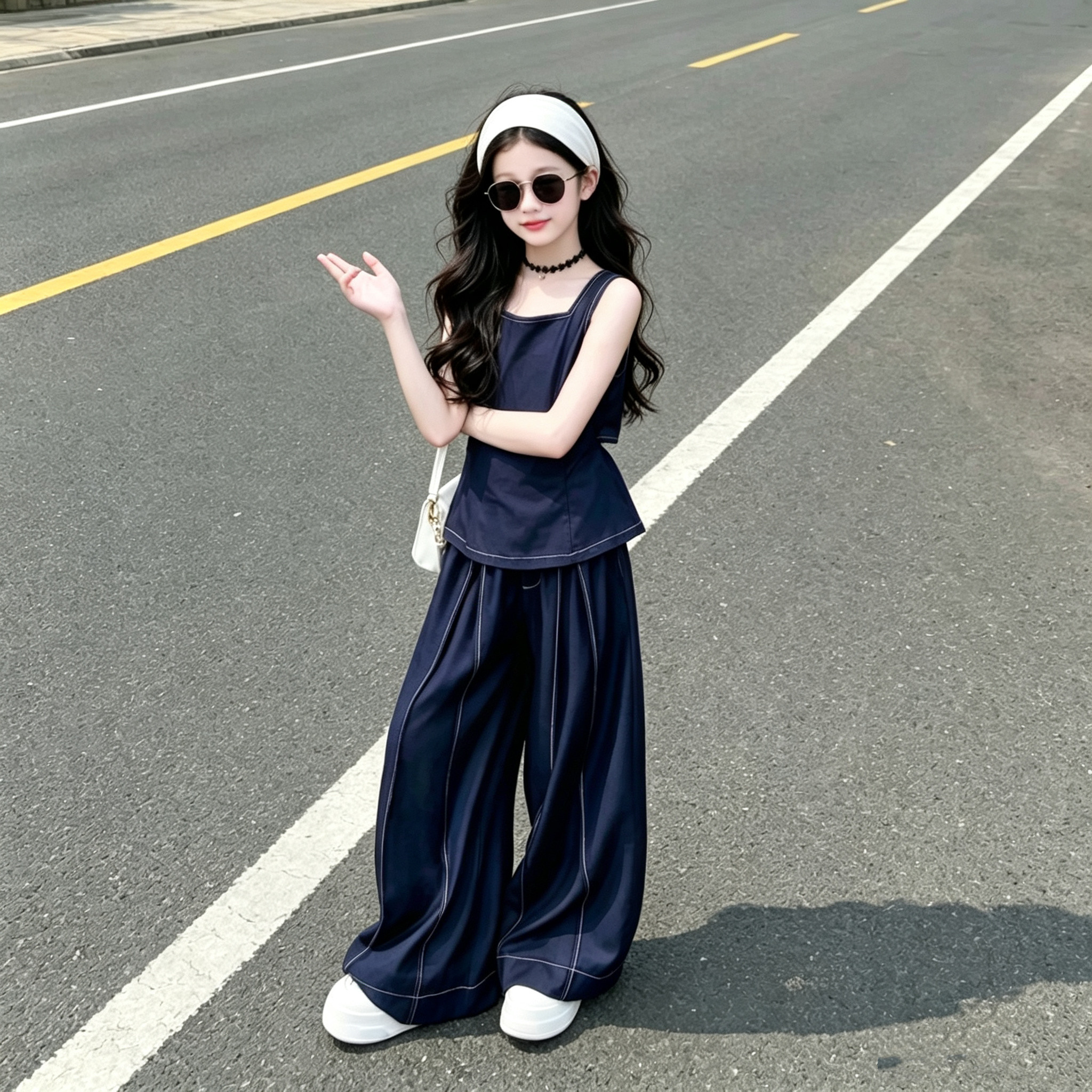 女童露背牛仔背心阔腿裤套装