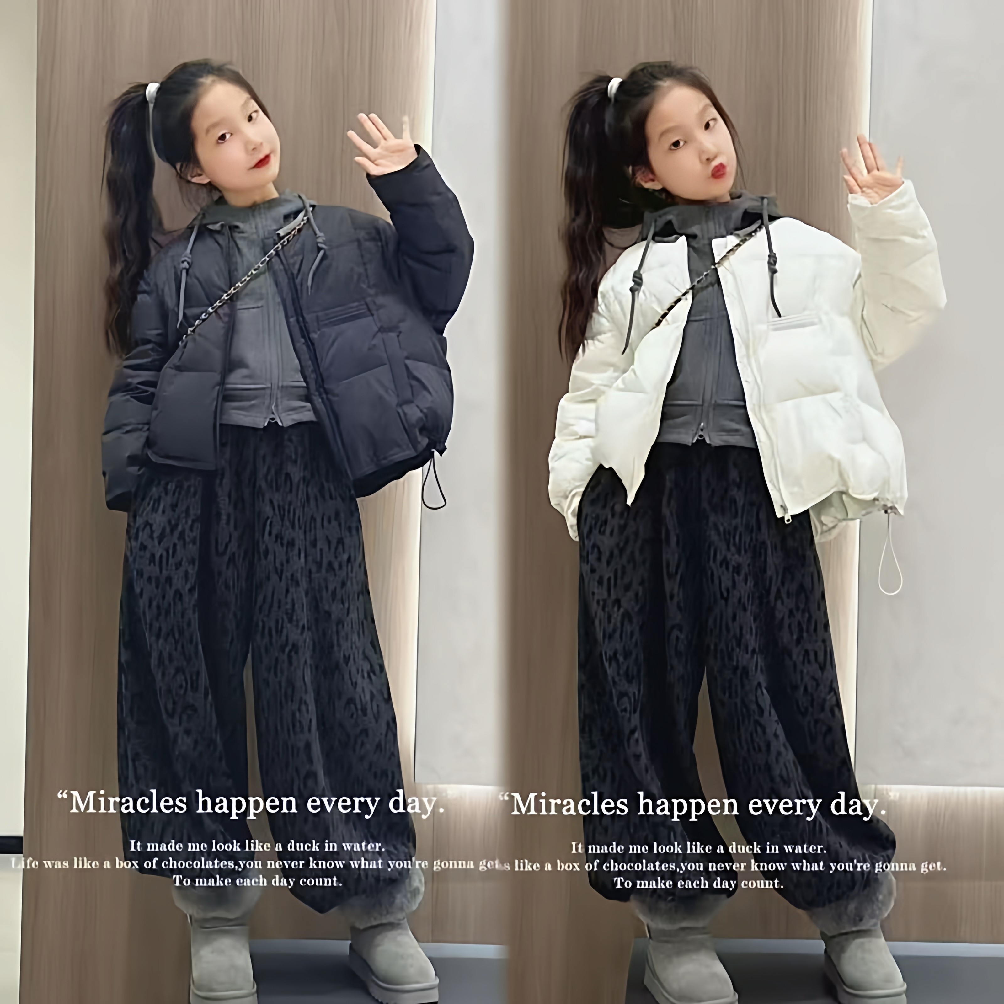 韩系高级感圆领短款羽绒服外套女童美式复古加绒豹纹裤时髦套装潮,童装/婴儿装/亲子装,套装,淘宝优惠券,粉丝福利购,淘宝优惠卷