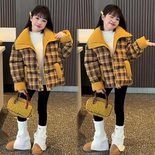 短款立领黄色格纹女童加厚棉服外套冬季新款时尚炸街中大童面包服