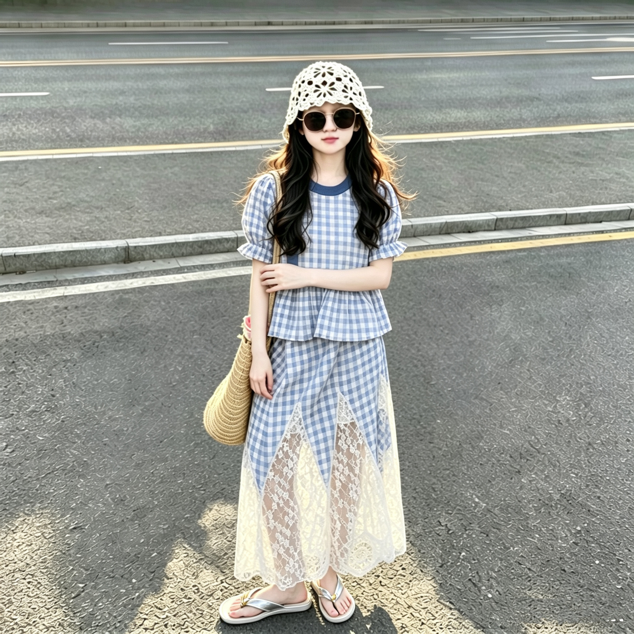 女童泡泡袖娃娃衫蕾丝拼接裙套装